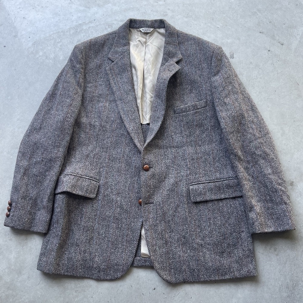 VTG Harris Tweed Wool Sports Coat Mens 48L Brown Herringbone Blazer USA